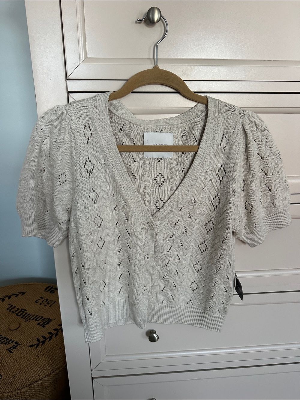 BNWT Lucky Brand Cream Eyelet Puff Sleeve V-Neck Cardigan